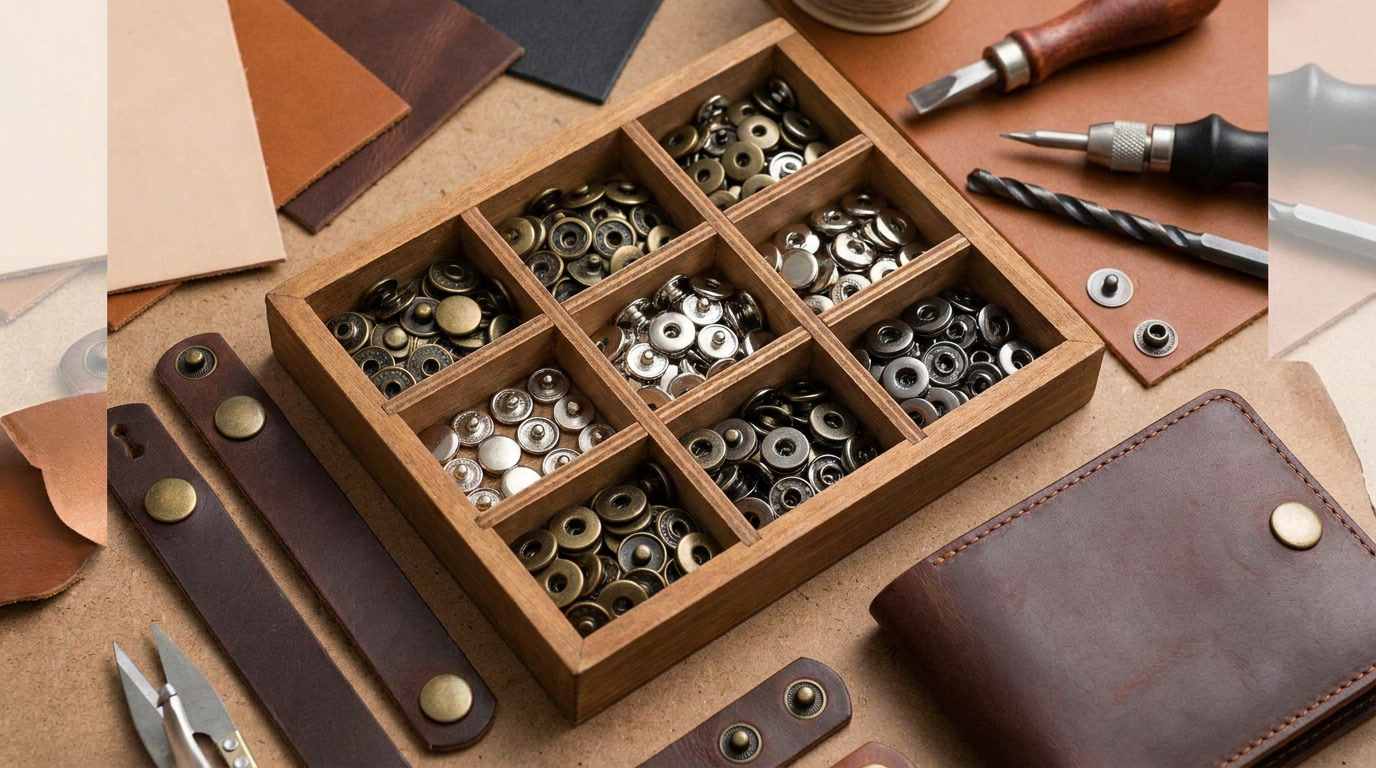 metal snaps for leather jackets, Metal snaps for leather jackets in several sizes and finishes are organized in a divided wooden tray beside leather pieces and hand tools.